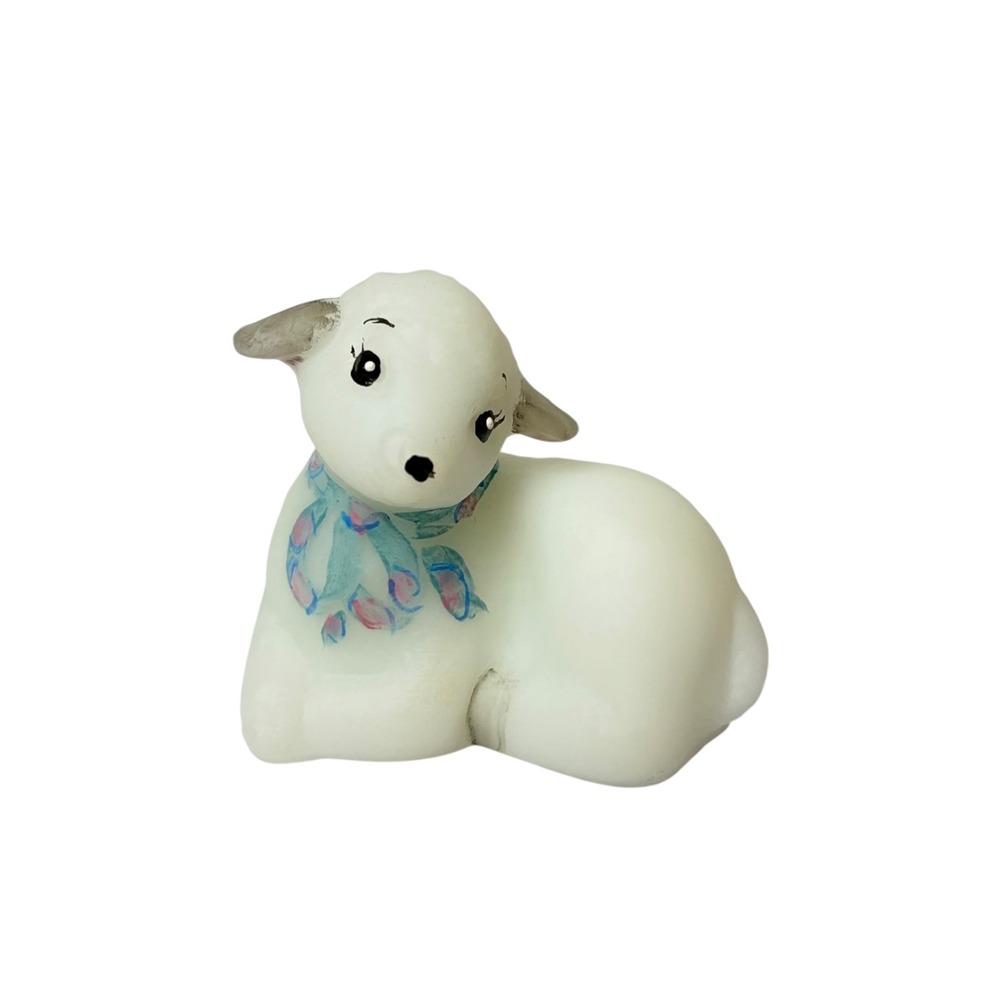 Fenton Satin Art Glass Hand Painted Easter  Lamb Figurine‎ Artist Signed White